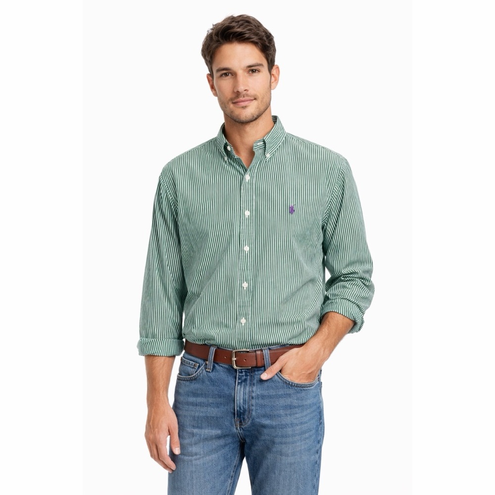 Ralph Lauren Green White Striped Button Down Shirt
